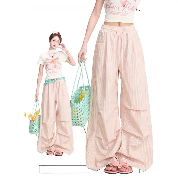 感のあるストライプのワイドレッグパンツ【春夏用・ゆったりデザイン・女性用】（セットアップ対応）