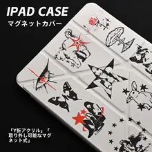 アクリル製レトロアートデザインのブラックホワイト両面印刷iPadプロ保護ケース【マグネット式・彩色イラスト】