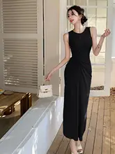 黒の皺入りタンクトップワンピース【体型カバー・シルエット強調】