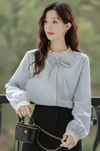 木耳飾り付きリボン長袖シャツ【ゆったりとしたシルエット・アカデミックスタイル】