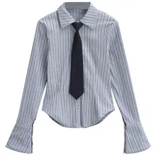 デザイン感ある学院風仕立てのストライプシャツ【フィット感・ロングスリーブ・リボン付き】