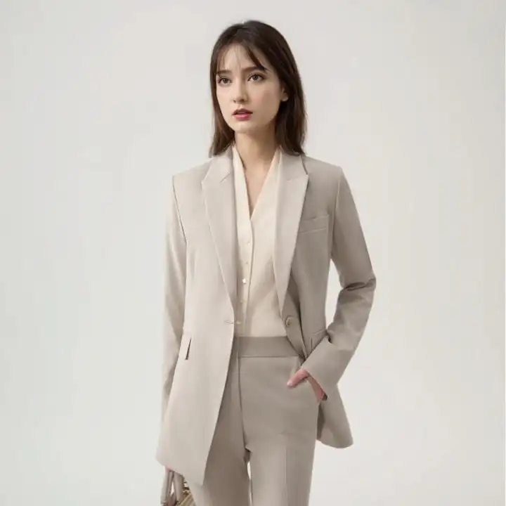香槟色の女性用スーツ【OLスタイル・ビジネスシーン対応・四季用】（セットアップ対応）