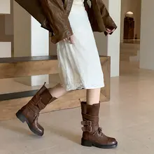 ヴィンテージ風 ベルト付きマーチンブーツ【中筒・バイカースタイル・ウエスタンブーツ】