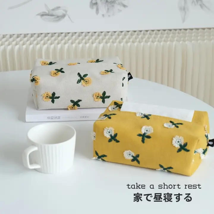 布製ティッシュボックス【日本風・刺繍・小花デザイン】
