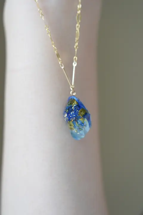 ネックレス ジュエルモチーフ UVレジン アジサイ 押し花 14KGF 水洗い可能 「miraflora」