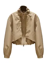 カジュアルな高齢ファスナー付きロングスリーブコート【カーキ・ショート丈・秋用】