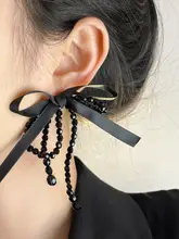 高級感ある赤いリボン付きクリスタルタッセルイヤリング【華やか・花嫁用・おしゃれ】