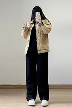 高腰設計の黒いストレートデニムパンツ【大きいサイズ・秋春兼用・ゆったりシルエット】
