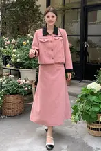 大きいサイズ フレンチスタイルの上品なトップスとスカート【秋冬用・シルエット強調・デザイン2点】（セットアップ対応）