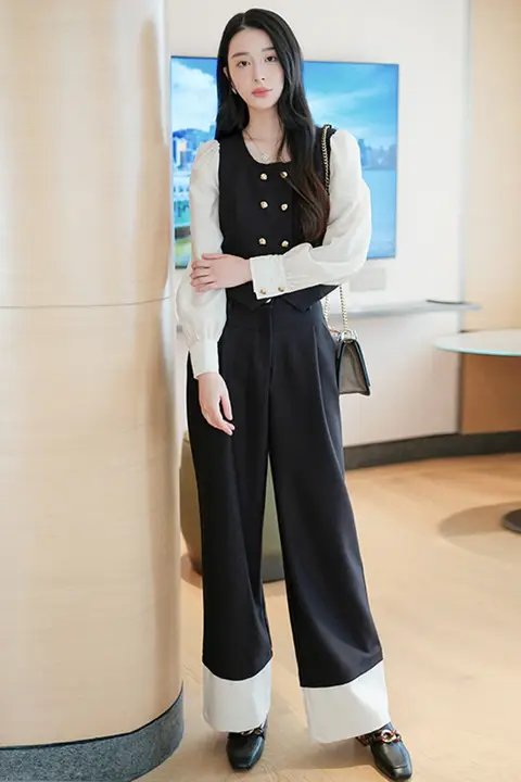 2点セット レディース トップス カジュアルパンツ ダブルブレスト パッチワーク プリーツ ストレート おしゃれ