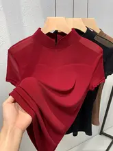 上質なシフォン素材の女性用短袖Tシャツ【タートルネック・スリムフィット・ワインレッド】