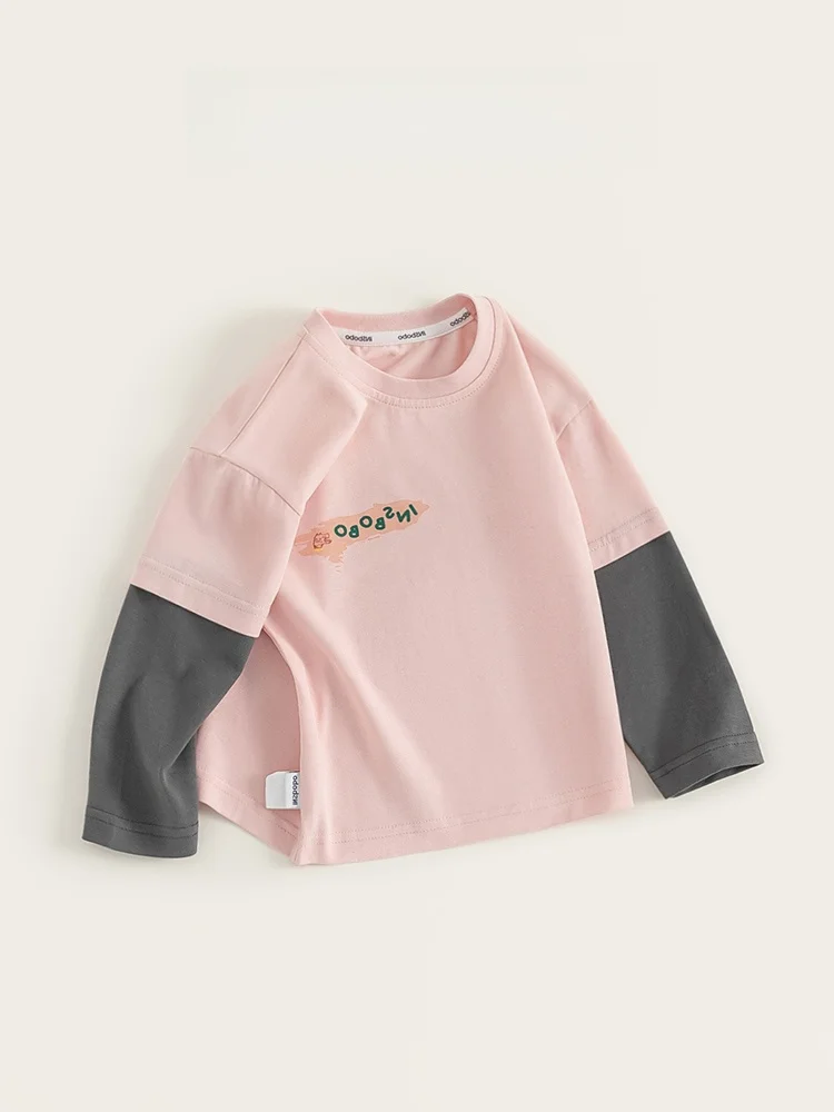 春向けカジュアルな子供用Tシャツ：キャラクター柄の長袖コットンセットアップ対応モデル
