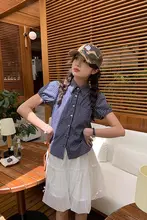 ブルー格子柄短袖ブラウス【パフスリーブ・レトロデザイン・女性用】