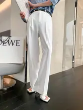 女性用の白いワイドレッグパンツ、ハイウエストでドレープのあるフロアレングスパンツ