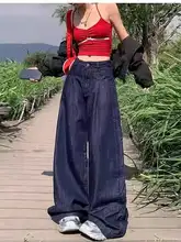 深い青のテンセル製ストレートデニムパンツ【高腰・薄手・フレア・ロング丈】