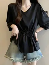 不規則デザインの七分袖Tシャツ【女性用・大きいサイズ・お腹カバー】