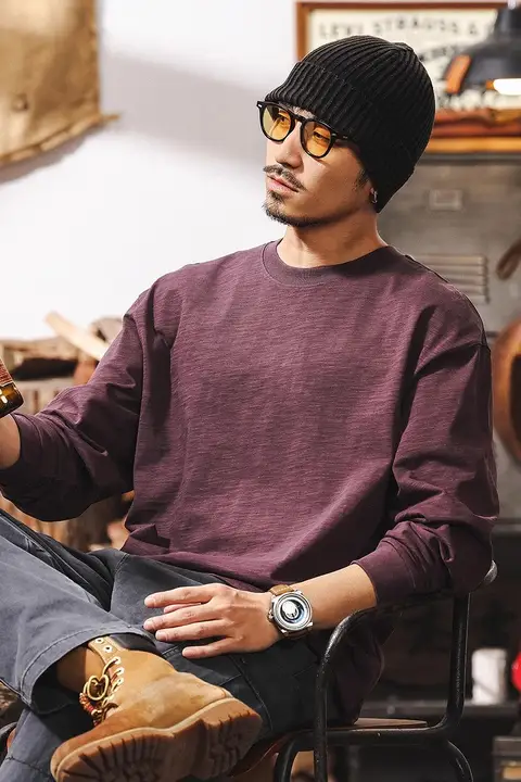 竹節模様の純綿ロングスリーブTシャツ【春用・多巴胺パープル・ゆったりシンプル】（セットアップ対応）