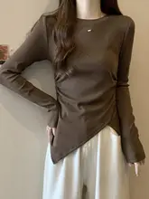 極上の柔らかさ！体型カバー フリルデザイン長袖Tシャツ【女性用・ラウンドネック・スリムフィット】