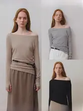 デザイン感のあるひとつ肩あき長袖Tシャツ【春用・褶皱・鎖骨見せ】