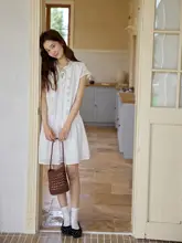 ワンピース レディース フレンチ風 ヴィンテージ ショート丈 Vネック フリル 刺繍 ホワイト Aライン ドルマンスリーブ「ORWhite」