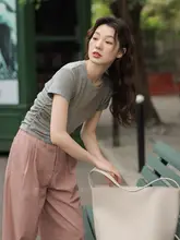 サイドフリル付き 灰色デザイン Tシャツ【ショートスリーブ・カジュアル】【スリムフィット】