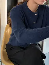 カーディガン レディース 無地 長袖 ネイビー 秋 ゆったり 丸首 ニット アウター