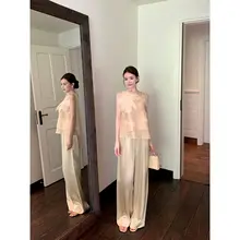 醋酸製のウエストゴム付きパンツ【直筒・ワイドレッグ・夏用】（セットアップ対応）