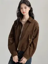 ブラウンのレトロ調フェイクスウェード翻リブジャケット【春用・ジッパー付き・女性用】
