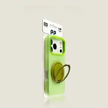 iPhone用 背面ケース【ピンク・ジェリー素材・陶器風円形スタンド・高級感ある肌触り】