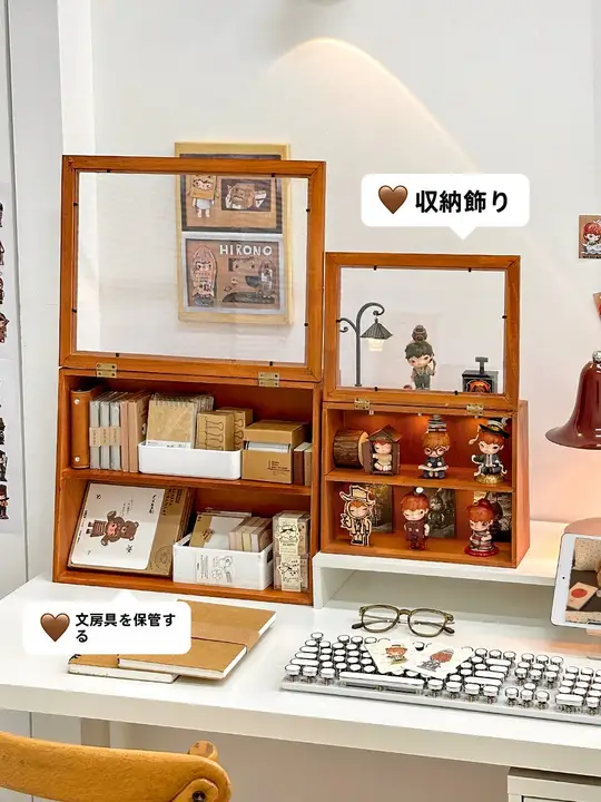 アンティーク風デスク収納ボックス【木製・二段式・文具・メモスタンド・大容量】