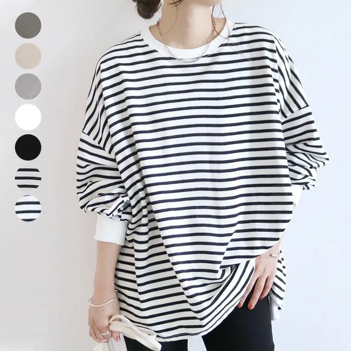 ストライプ柄長袖トップス【ゆったりシルエット・コットン・秋冬用】（セットアップ対応）
