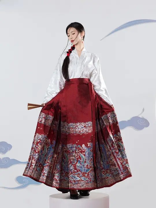 オリジナル明朝風漢服【女性用・織金馬面スカート・改良型フライトスリーブ・春夏対応】