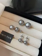 シルバーグレーの扁平ラウンドパールピアス【フランススタイル・女性用】
