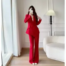 高級感あふれる 赤色のジャケットとワイドパンツ【春秋向け・女性用・気質デザイン】（セットアップ対応）