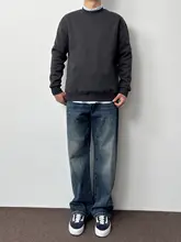 深いブルーのリラクシングデニムパンツ【春秋用・ストレート・ゆったり体型カバー】