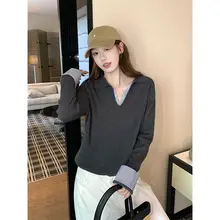 ニット トップス レディース 長袖 フェイクレイヤード バイカラー ルーズ インナー 秋