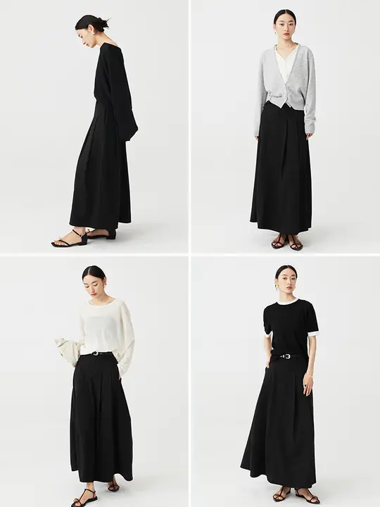 Aラインロングスカート【通勤用・黒・フレア・プリーツ】