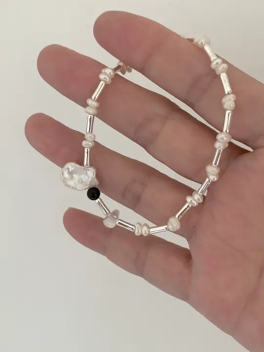 天然珍珠と黒瑪瑙の竹管ブレスレット【シルバー925・シンプルデザイン・多用途】