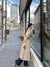 77store カーキ色 レディーストレンチコート【ダブルブレスト・ウエスト絞り・ミドル丈・ゆったりフィット】
