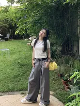 春に最適！高腰ゆったりシルエットの白色ヴィンテージ風カジュアルパンツ【流れるようなデザイン】
