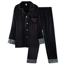 黒のカップルパジャマ【春秋夏用・長袖・アイスシルク・薄手・メンズ大きいサイズ・ホームウェア】（セットアップ対応）