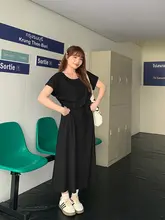大きいサイズ レディース 韓国風 ラウンドネック ワンピース【春夏用・ゆったり・ウエスト絞り・カジュアルロングドレス】