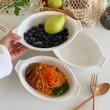 高級感のある白い陶器製のダブルハンドオーバルプレート【ディープディッシュ・洋食用】