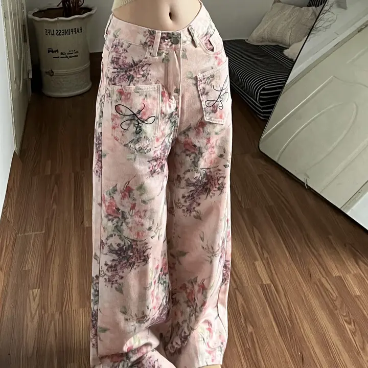 粉色レオパード柄デニムパンツ【洗い加工・ストレート・秋冬用】