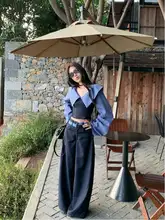 ストライプ切り替え長袖シャツとハイウエストワイドパンツ【秋冬用・トレンド女性ファッション】（セットアップ対応）