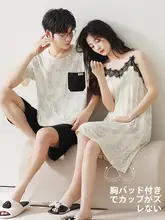 純綿素材のカップ付きキャミソールパジャマ【夏用・ペアデザイン・セクシー】（セットアップ対応）
