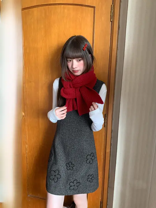 立体花刺繍デザインの背面スリーブワンピース【秋用・ウエスト絞り】