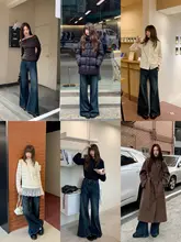 高腰デザインのフィットデニムパンツ【レトロ風・フレア・秋冬用】