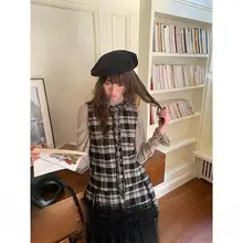 秋季チェック柄のレイヤードワンピース【フリル付き・ノースリーブ】