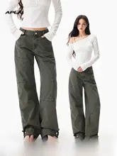 復古スタイルのワイドレッグカーゴパンツ【水洗い加工・斜めデザイン】